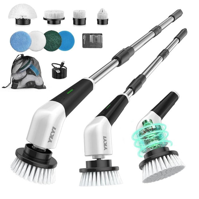 YKYI Electric Spin Scrubber, Cordless Power Scrubber Cleaning Tool with 8 Replaceable Heads and Extension Handle for Bathroom, Tub, Tile, Floor, Grout and Car (White)