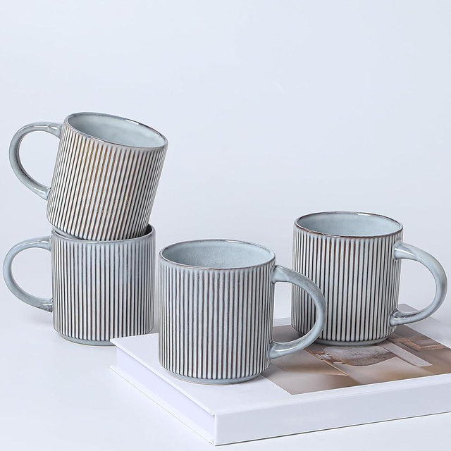 masoline Coffee Mugs Set of 4, 12 OZ Ceramic Coffee Mugs with Handle, Vertical Stripes Coffee Cups Set for Latte/Tea/Cocoa/Milk, Microwave and Diahwasher Safe (Smoky Blue)