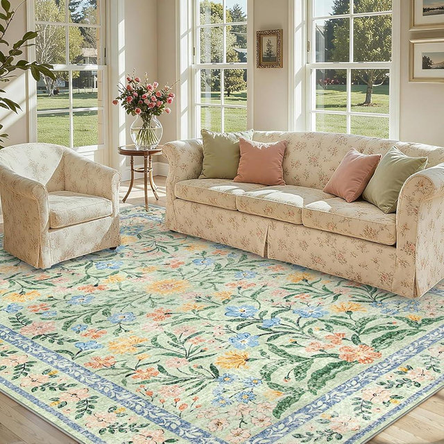 Lahome Machine Washable Area Rugs 8x10 Non Slip, Soft Boho Living Room Rugs, Ultra-Thin Vintage Distressed Throw Carpet for Home Office Dinning Room Kids Playroom, Green/Multi