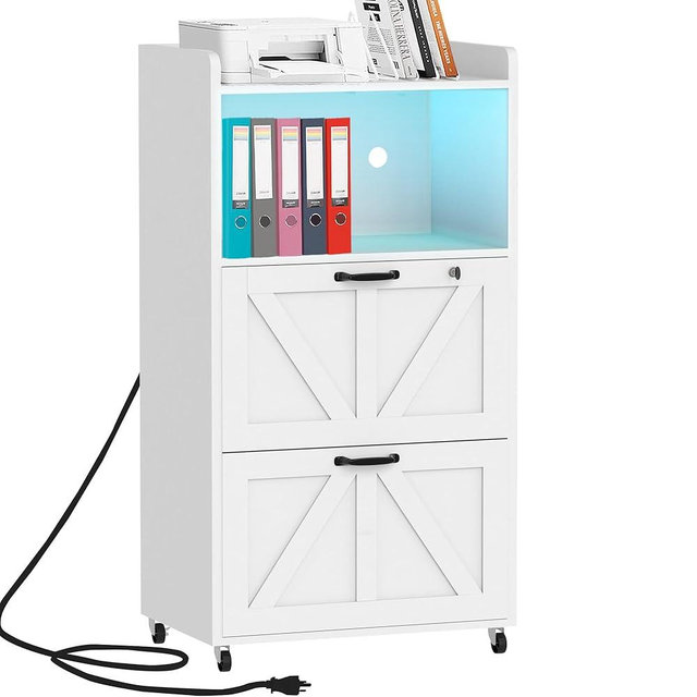 BTDWI 2 Drawer File Cabinet On Wheels & Charging Station, Wood Filing Cabinet with Lock & LED Light, Large Storage Printer Stand for Home Office, White