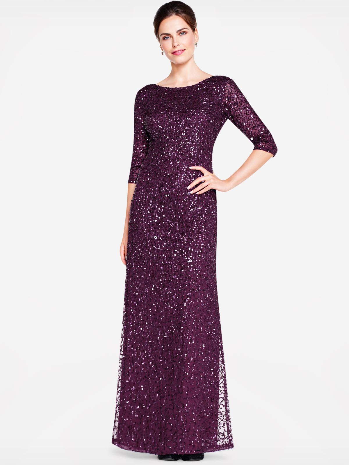 scoop back sequin gown with three quarter sleeves