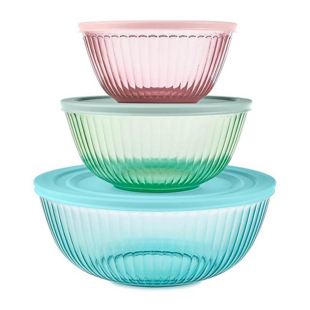 Pyrex Colors (3-Pack, Full Set) Sculpted Tinted Glass Mixing Bowls With Lids, Nesting Space Saving Set of Bowls For Prepping and Baking, 1.3QT, 2.3QT & 4.5Q, (Pink, Green, Blue)