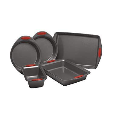 Rachael Ray 47020 Nonstick Bakeware with Grips includes Nonstick Bread Pan, Baking Pan, Cake Pans and Cookie Sheet / Baking Sheet - 5 Piece, Gray with Red Grips