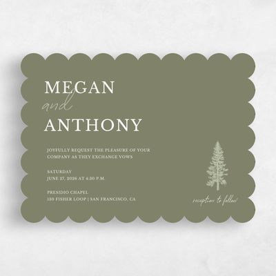 Green Scalloped Wedding Invitation - Pinehaven Landscape