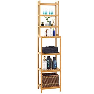 Homfa Bamboo Bathroom Shelf 7-Tier Tower Free Standing Storage Organizer Rack, Multifuntional Utility Shelf, Natural