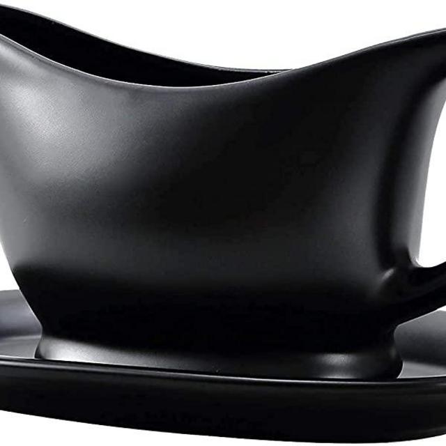 Bruntmor ceramic Gravy Boat and Tray, For Salad Dressings, Milk,Broth, Creamer, Microwave & Dishwasher Safe 20 oz, Black