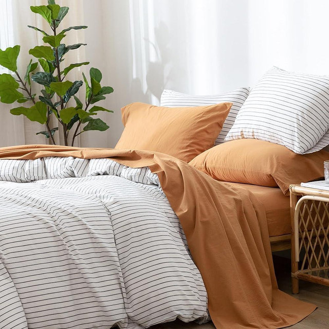 MooMee Bedding Sheet Set 100% Washed Cotton Linen Like Textured Breathable Durable Soft Comfy (Burnt Orange, King)