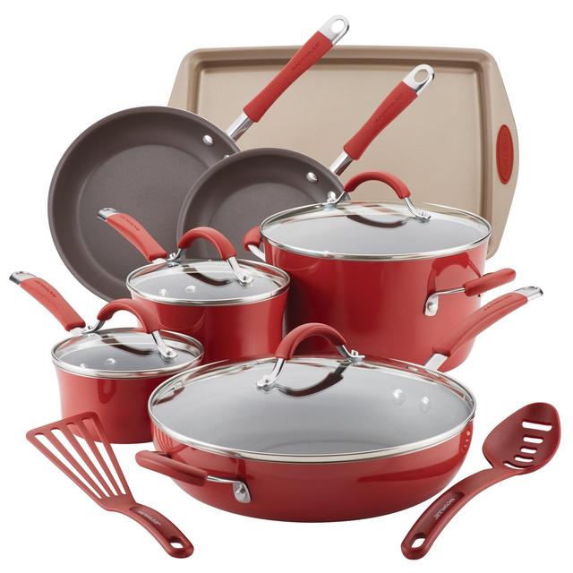 Rachael Ray 13-Piece Hard Porcelain Enamel Nonstick Pots and Pans Set/Cookware Set, Cranberry Red