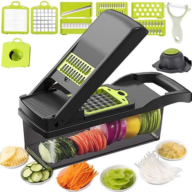 12 in 1 Vegetable Chopper, Heavy Duty Mandoline Slicer Potato Onion Chopper Food Chopper Veggie Chopper with Vegetable Peeler, Hand Guard and Container (Black)