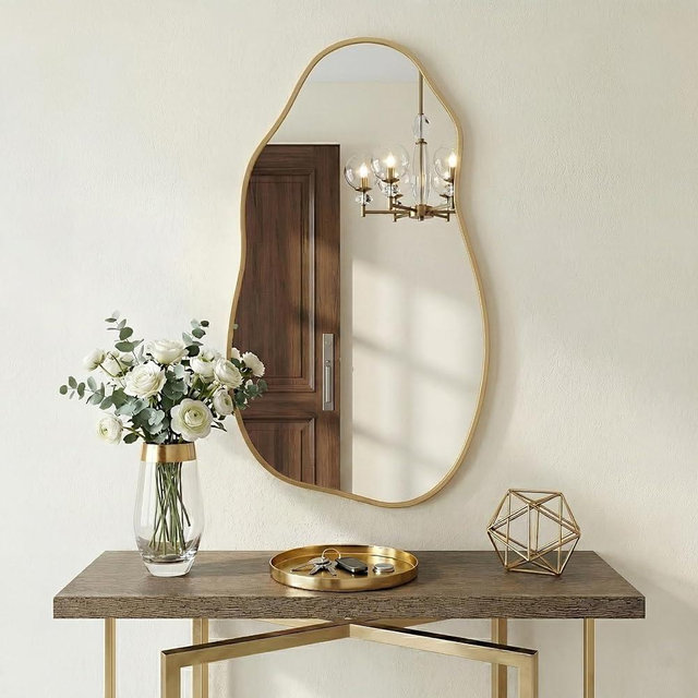 Pocetry Irregular Wall Mirror 30"x16.5", Small Asymmetrical Mirror for Powder Room, Matte Gold Rust Proof Aluminum, Tempered Glass Wavy Mirror for Bedroom Makeup, Hallway & Aesthetic Room Decor