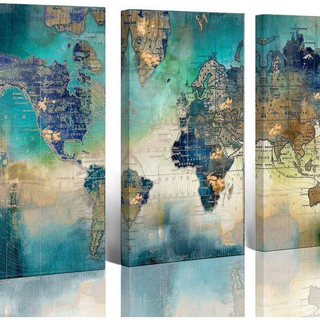 Large World Map Canvas Prints Wall Art Living Room Office 16x32 3 Piece Green World Map Picture Artwork Decor Home Decoration