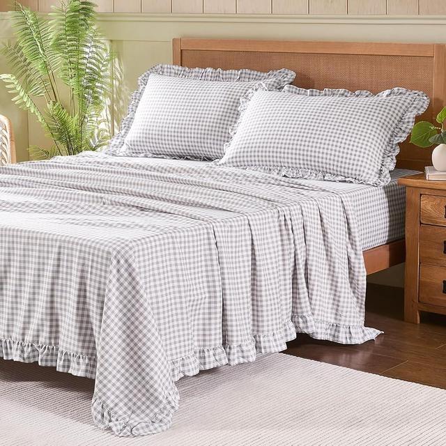 kisswish Gingham Queen Sheet Set, Lightweight Super Soft Brushed Microfiber Plaid Bed Sheets with 16" Deep Pocket, 4 Piece Ruffle Farmhouse Bedroom Decor, Grey