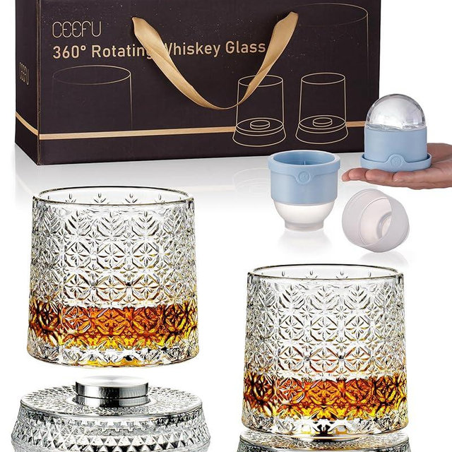 CEEFU Old Fashioned Whiskey Glasses with 360° Rotating Base, Set of 2 (2 Crystal Glasses Set, 2 Big Ice Ball Molds) In Gift Box - Bourbon, Cocktail, Rocks, Bday Gifts Ideas for Men, Snowflake Pattern
