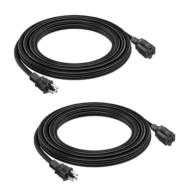 16 SJTW AWG Heavy Duty Power Cord 3 Prong Extension Cord, NEMA 5-15P to NEMA 5-15R, Power Cable for Indoor and Outdoor Use, Black Color, ETL Listed (2 Packs 10FT Black)