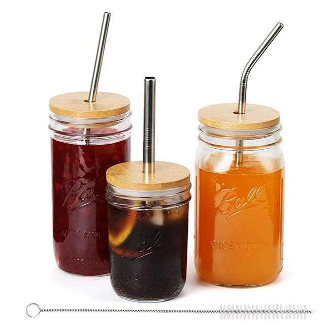 AIEVE Mason Jar Lids, 3 Pack Bamboo Mason Jar Lids Wide Mouth Mason Jar Lids with Straw Hole Stainless Steel Straws and Cleaning Brush for Wide Mouth Mason Jars Canning Jars