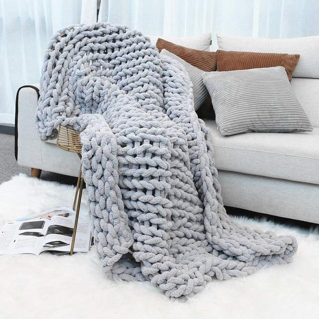 Inshere Luxury Chunky Knit Throw Blanket (48x60)-Large Cable Knitted Soft Cozy Polyester Chenille Bulky Blankets for Cuddling up in Bed, on The Couch or Sofa