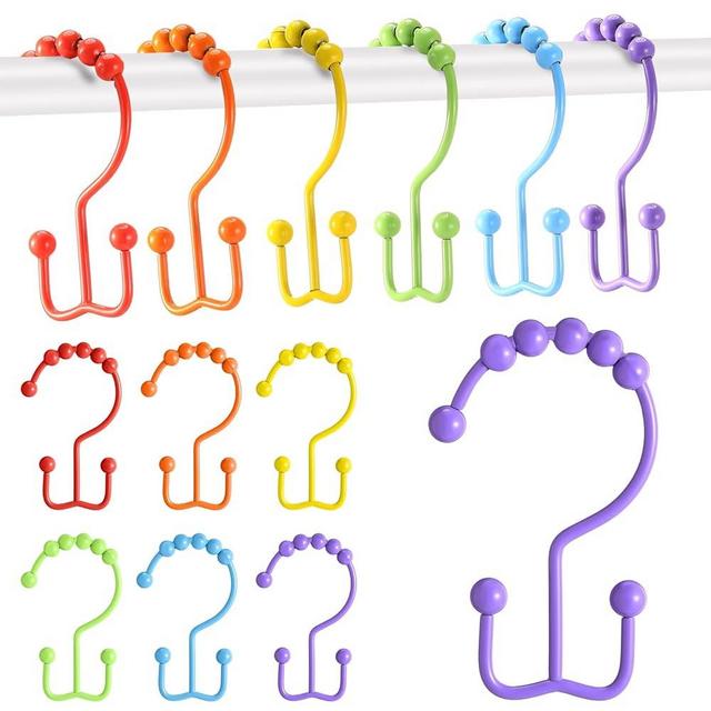 Wenqik 12 Pcs Colorful Shower Curtain Hooks Bohemian Rainbow Color 304 Stainless Steel Rings Rust Proof Balanced Double Glide Shower Hooks for Curtain Bathroom(Rainbow Color)