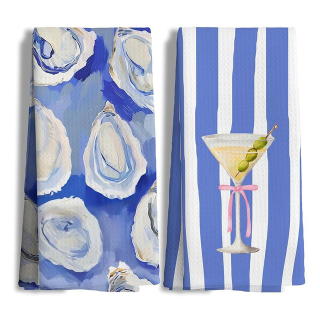Nipil Blue Coastal Oyster Shell and Pink Bow Martini Kitchen Towels Set of 2, Watercolor Seafood Cocktail Hand Towels for Kitchen Bar Seaside Restaurant, Beach Lover Gifts Hand Towels, 16x24 Inch