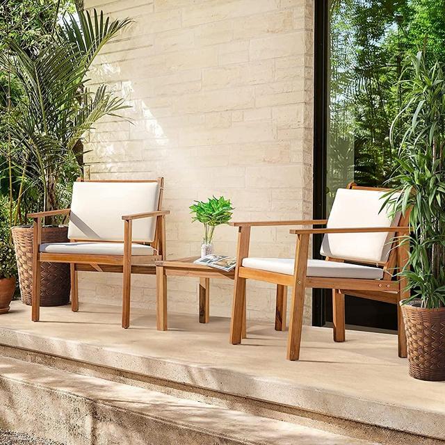 Flamaker Patio Chairs 3 Piece Acacia Wood Patio Furniture with Coffee Table & Cushions Outdoor Conversation Set Balcony Chairs for Porch, Deck, Backyard