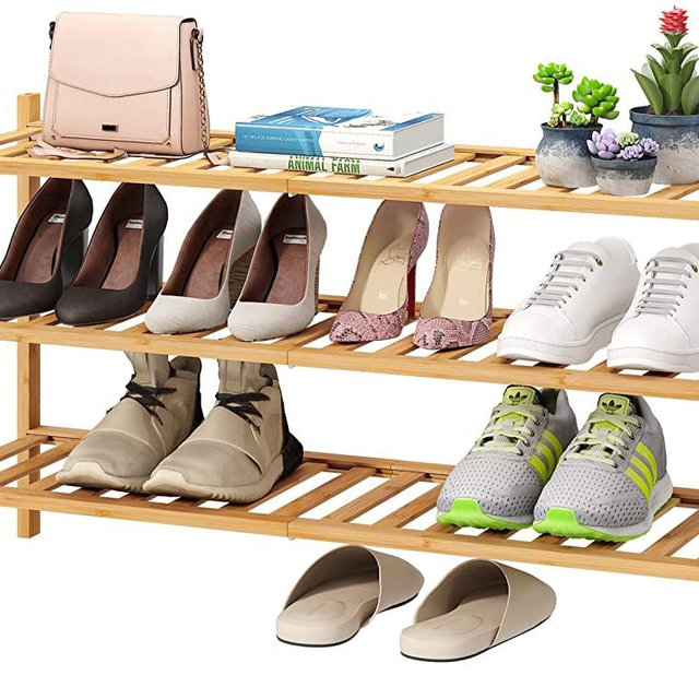 3-Tier Long Shoe Rack, Bamboo Wood Shoe Rack for Closet, Entryway & Hallway, Stackable | Beautiful | Functional | Sturdy