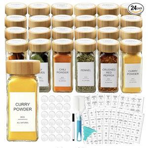 AISIPRIN Glass Spice Jars with 398 Labels, 24 pcs 4oz Spice Containers with Bamboo Lids, Square Spice Bottles With Shaker Lids,Spice Organization for Cabinet,Drawer,Rack,Seasoning Organizer