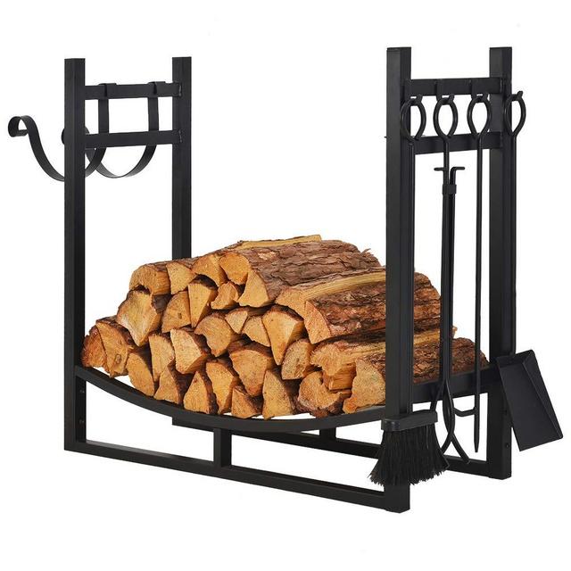 Patio Watcher 3-Foot Firewood Rack Wood Storage Log Holder with Kindling Holder and 4 Tools Indoor Outdoor Fireplace Heavy Duty Steel Black