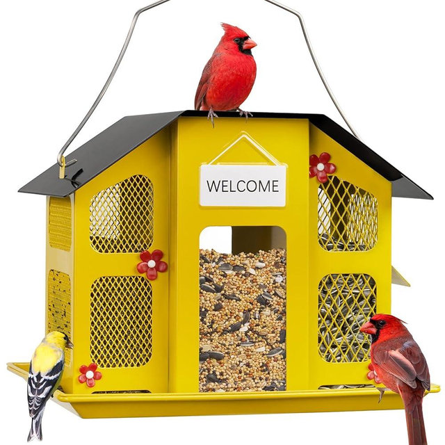 Kingsyard Wild Bird Feeder with Weatherproof Roof & Seed Tray, All Metal, Bird Seed Feeder Hanging for Garden Yard Outside Decoration, 4 lbs Large Capacity, Yellow