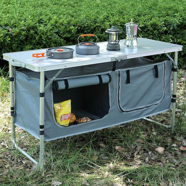 JOUYEK Outdoor Folding Table with Storage Organizer - Portable, Lightweight, 3 Height Adjustable Aluminum Composite Panel Table for BBQ, Picnic, Camping, Hiking, Beach, and Indoor Use.