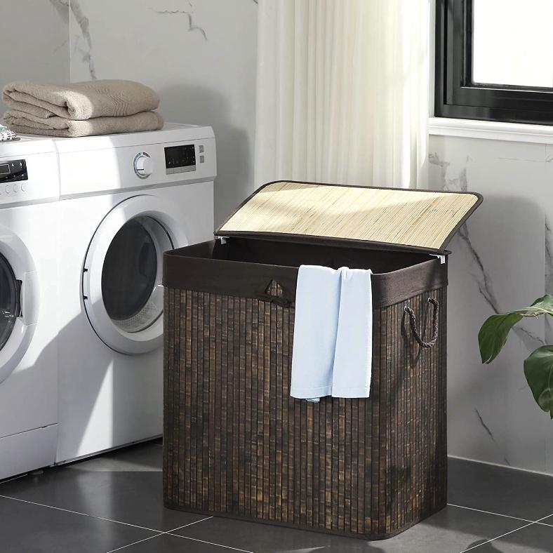 SONGMICS Double Laundry Hamper with Lid, Divided Laundry Basket with Cotton Handles, Bamboo Hamper with Liner