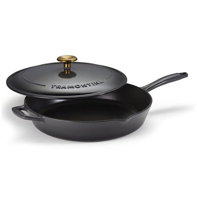 Tramontina Bestow Enameled Cast Iron Skillet with Lid, 12-inch Frying Pan, Smoke with Gold Knob