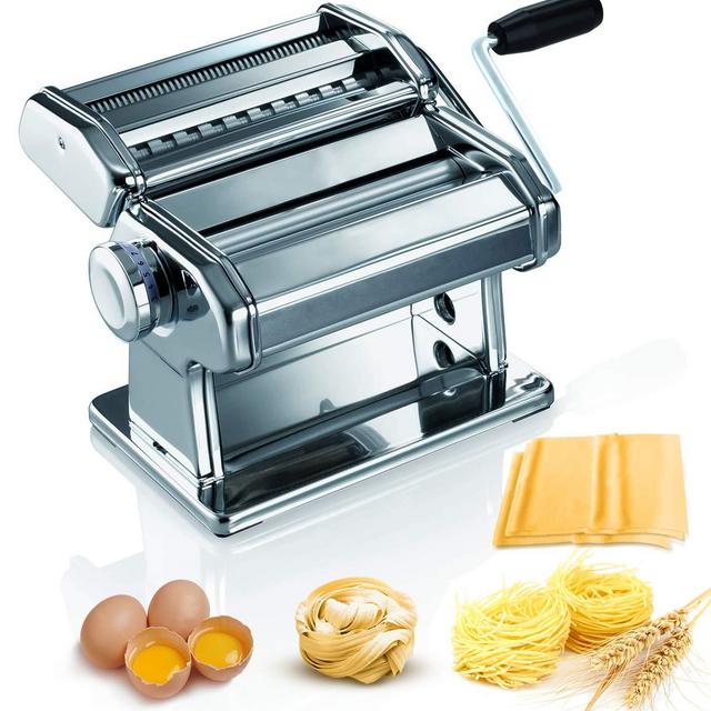 Pasta Maker Machine - 150 Roller Pasta Maker - 2 in 1 Roller with Pasta Cutter - 7 Adjustable Thickness Settings - Includes Cutter, Hand Crank, and Instructions, Stainless Steel