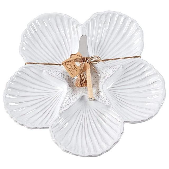 Mud Pie Shell Sectional Platter, 2 Piece Set, White, platter 12" dia | spreader 5 1/2"