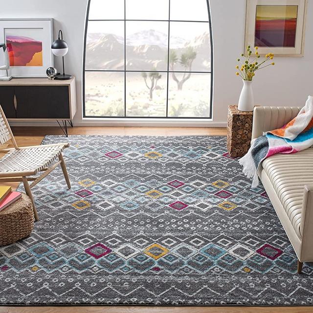 Safavieh Amsterdam Collection AMS108H Moroccan Boho Non-Shedding Stain Resistant Living Room Bedroom Area Rug, 9' x 12', Dark Grey / Ivory