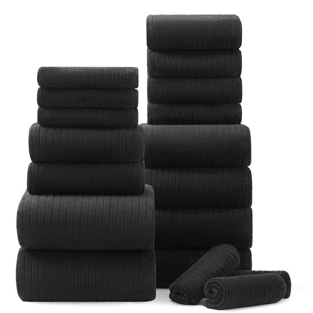 18 Piece Bath Towels Set,Super Soft Family Bathroom Towel Set with Hanging Loops-6 Bath Towels,6 Hand Towels,6 Washcloths,Highly Absorbent Quick Dry Shower Towel for Bathroom,Hotel,Spa-Black Towel Set