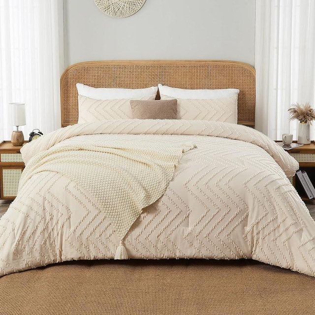 Andency California King Comforter Set Beige, Boho Cal King Cream Soft Warm Tufted Neutral Bedding Comforter Sets, 3 Pieces Cali King Aesthetic Chevron Farmhouse Cute Bohemian Textured Bedding Set