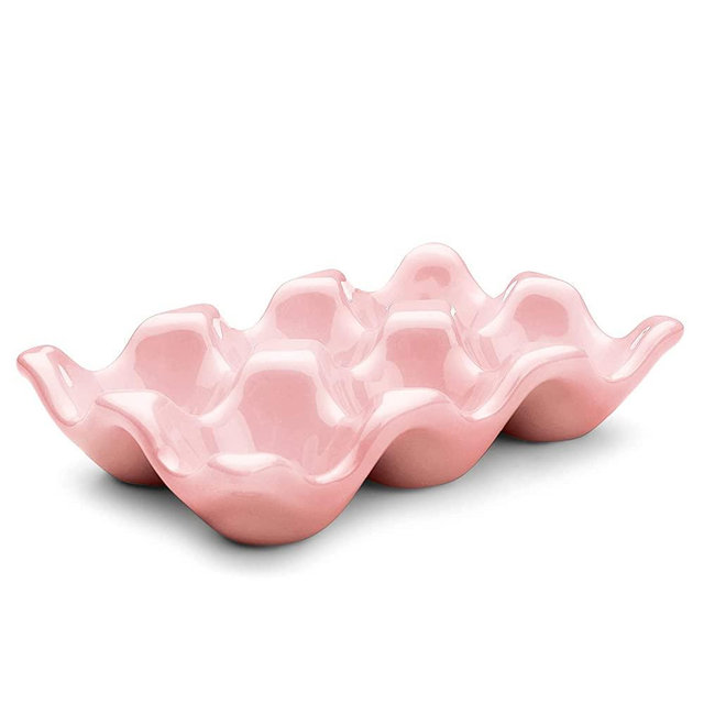 Flexzion Ceramic 6 Cups Egg Tray - Half Dozen Porcelain Egg Holder Container Keeper Storage Organizer Decorative Serving Dish Serveware for Refrigerator Fridge Countertop Display Kitchen (Pink)