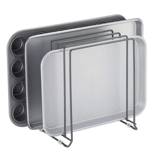mDesign Metal Wire Organizer Rack for Kitchen Cabinet, Pantry, Shelves - Holder with 5 Slots for Skillets, Frying Pans, Lids, Cutting Boards, Vertical or Horizontal Placement - Graphite Gray