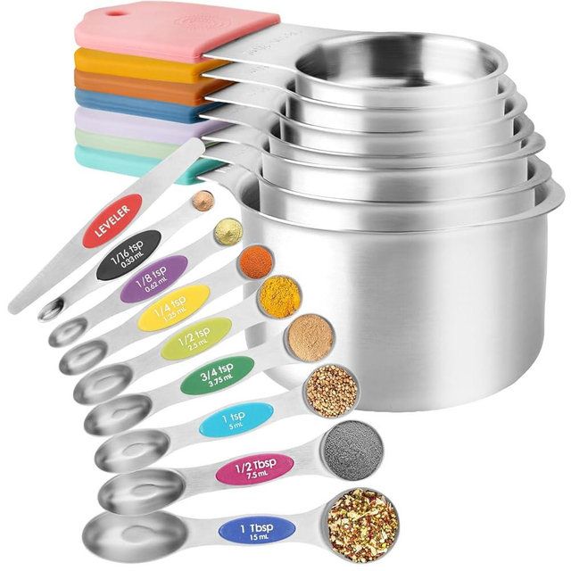 Magnetic Measuring Cups and Spoons Set of 16, 7 Stainless Steel Measuring Cups, 8 Double-Sided Measuring Spoons with 1 Leveler, Color Coded Handles, Dual Markings for Dry and Liquid Ingredients