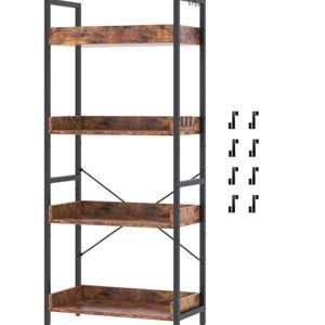 HCHQHS 4 Tier Bookshelf, Adjustable Industrial Bookcase, Vertical Tall Book Shelf, Wood and Black Metal Open Bookshelves for Home Office, Living Room, Bedroom