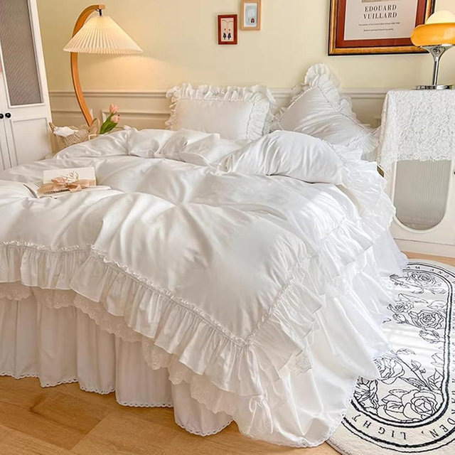 GRIPITHPY Cotton Chic Ruffle Lace Soft Duvet Cover Set, Comforter Cover Set, Princess Style Bedding Sets, Quilt Cover,1 Bedskirt + 2 Pillowcasesac(Queen, White)
