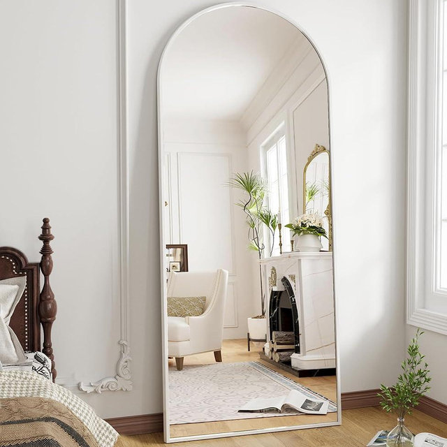 OGCAU Full Length Mirror, 70"x26" Floor Mirror with Stand, Arched-Top Mirror Hanging or Leaning, Standing Mirror, Body Mirror, Wall Mounted Mirror with Aluminum Frame for Bedroom Living Room (White)