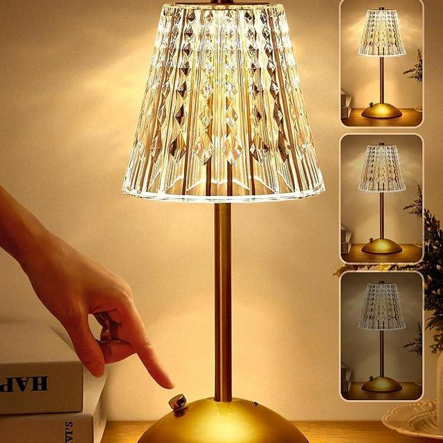 One Fire Cordless Table Lamp, Dimmable Crystal Table Lamp 3 Colors LED Gold Lamp, 【3200mAh】 Battery Lamp Portable Lamp,Small Touch Lamp Crystal Lamp, Vintage Lamp for Bedroom Bathroom Kitchen Bar