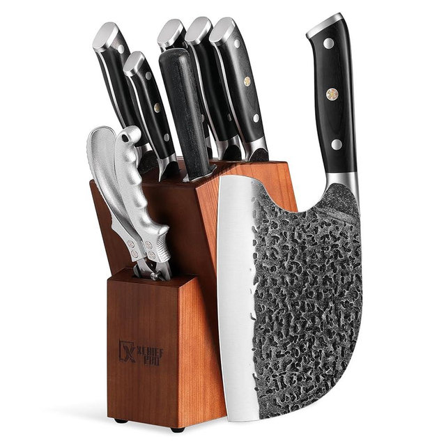 XCHIEF PRO 9 Pieces Knife Set with Block, Hand Forged High Carbon Steel Sharp Blade Cooking Knives Set with Holder for Kitchen, Block Chef Knife Set Professional, Best Gifts for Men Women