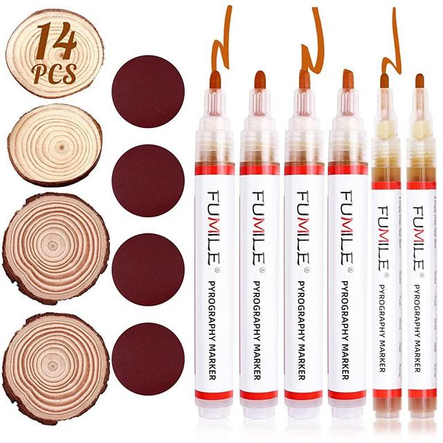 FUMILE Wood Burning Pen Set with 6PCS Scorch Pen Marker, 4PCS Wood Chips, 4PCS Sandpapers for DIY Wood Painting, Suitable for Artists and Beginners in DIY Wood Projects