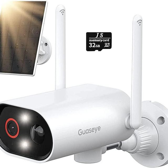 Guaseye Security Cameras Wireless Outdoor 180° Pan 8X Zoom, WiFi IP Camera 2K HD with Color Night Vision and Audio, 32GB SD Card Included, IP65 Waterproof, Solar+Battery Powered Surveillance Camera