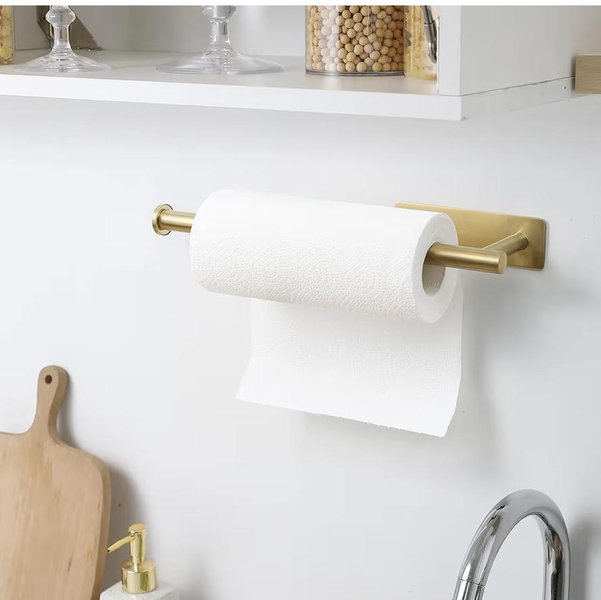 theaoo Paper Towel Holder for Kitchen, Adhesive Under Cabinet Paper Towel Roll Rack for Bathroom Towel, Wall Mounted Matte Black, SUS304 Stainless Steel(1, Gold)