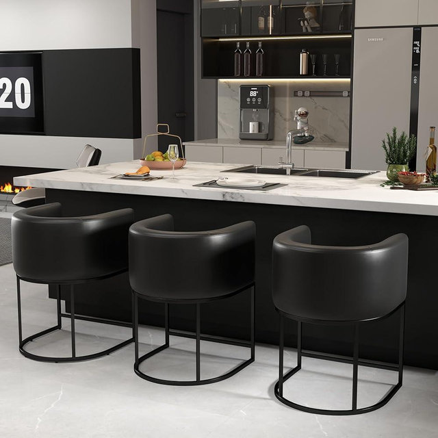 HNY Modern Barrel Counter Height Bar Stools Set of 3, 24 Inch Kitchen Black Bar Stools with Back, PU Leather Barstools Bar Height for Island with Black Metal Tubular Frame