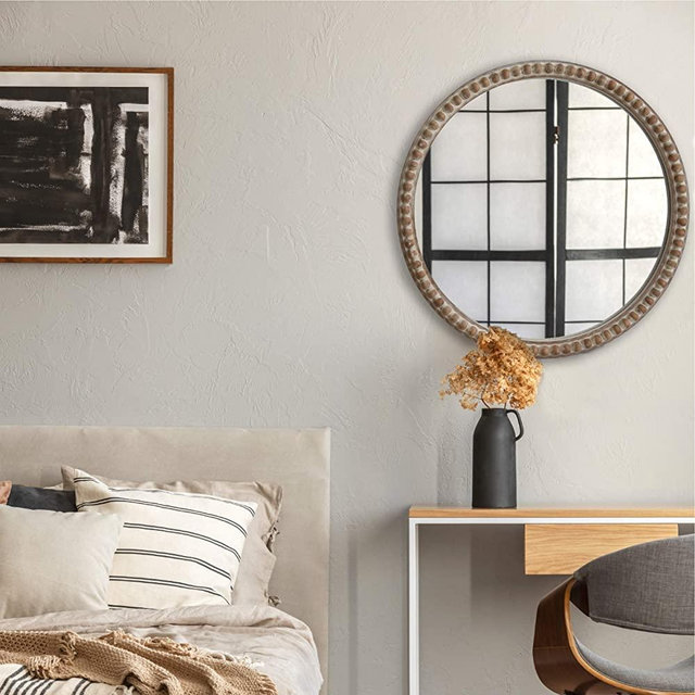 COZAYH Distressed Wood Frame Accent Mirror, Rustic Farmhouse Style Decorative Wall Mirror (Round)