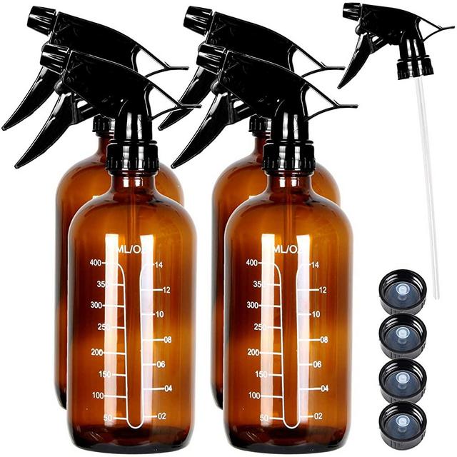 Youngever 4 Pack Empty Amber Glass Spray Bottles with Measurements, Spray Bottles for Hair and Cleaning Solutions (16 Ounce)