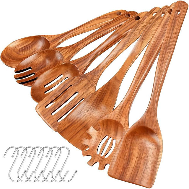 Wooden Spoons for Cooking, 7 Piece Natural Teak Wooden Kitchen Utensil Set, Wooden Utensils for Cooking with Long & Comfort Grip, Cooking Utensils Set Perfect for Non-Stick Cookware